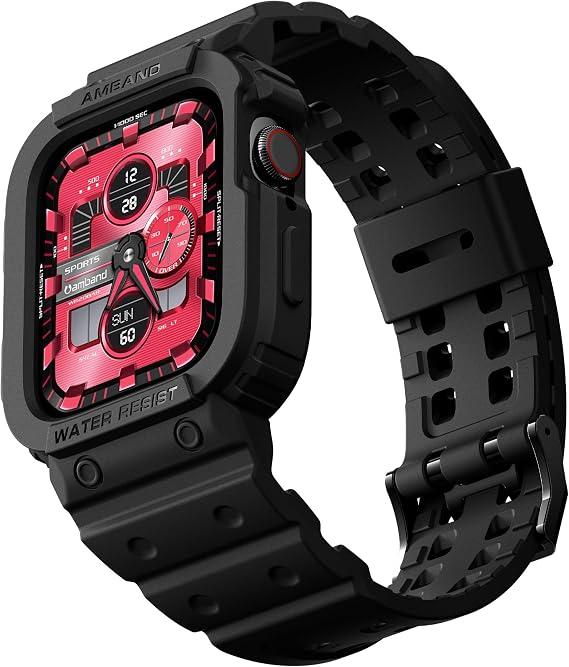 amBand Compatible with Apple Watch Series 9/8/7/SE (3/2/1)/6/5/4/3 Band for Men 45mm 44mm 42mm Case, Rugged Sport Strap for iWatch 45/44 mm Military Protective Cover Bumper Drop-Proof, Matte Black