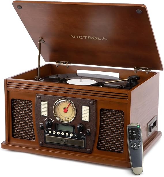 Victrola Navigator - 8-in-1 Bluetooth Record Player - Walnut | Real wood cabinet plays vinyl, CD, cassette, FM radio, USB and aux, built-in speakers, remote control included