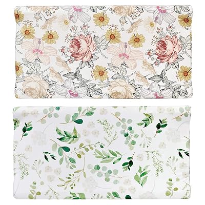 Diaper Changing Pad Cover, 2 Pack, Floral Changing Table Cover, Green Leaf Changing Pad Covers, Jersey Knit Changing Table Sheets, Gender Neutral Crib Bedding Covers for Baby Boy Girl
