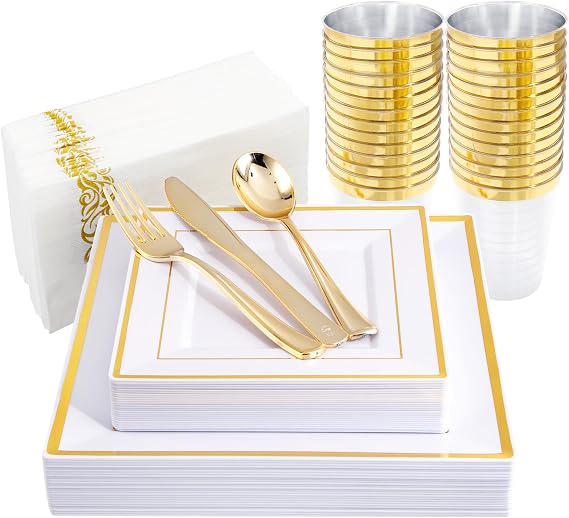175PCS Gold Plastic Dinnerware Set, Includes 25 Dinner & Salad Plates, 25 Gold Silverware Sets, 25 Tumblers, 25 Guest Towels for Wedding