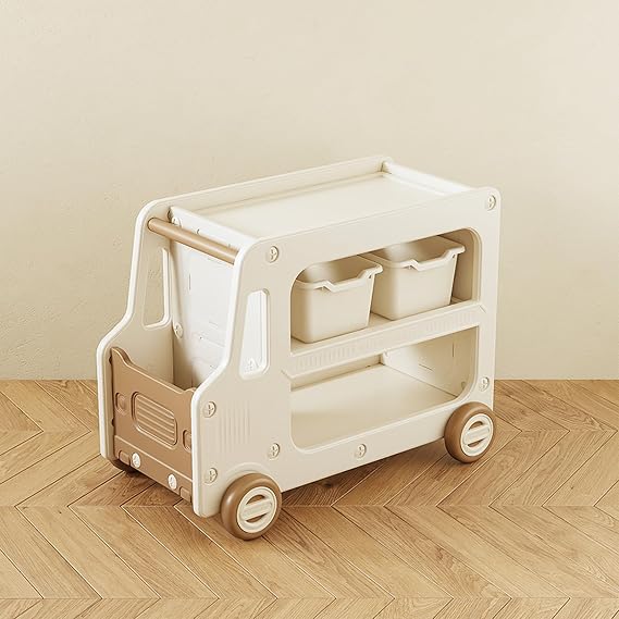 Kids Toy Storage Box and Bookshelf Rolling Bus for Living Room