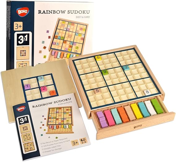 BOHS Wooden Color Sudoku Puzzle - 3 in 1 Easy to Hard - with Sudoku Book of 320 Puzzles - Desktop Brain Teaser Game Toys