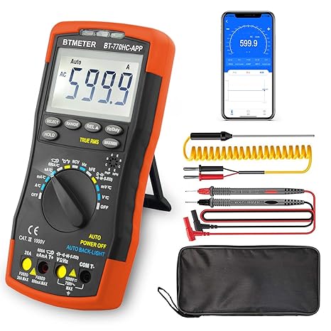 Digital Multimeter, Handheld TRMS 6000 Multi Meter Auto Range Voltmeter Ammeter Measure AC DC Volt Amp Ohm Continuity Capacitance Frequency Diode hFE Transistor Temp 770HC-APP