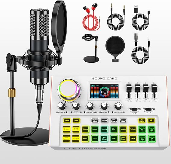 Podcast Equipment Bundle with Live Sound Card Audio Mixer, Sound Board with 3.5mm Condenser MicrophoneP15 for PcPhone Live Streaming Singing Gaming,Voice Changer, Denoise
