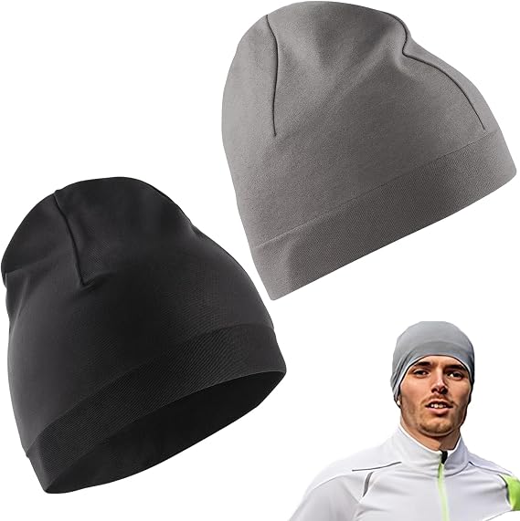 Satin Lined Skull Cap, 2 Pack Running Beanie for Men, Stretch Fit Premium Skull Cap for Cold Weather, Black and Grey Knit Hats for Cycling, Gym, Outdoor Activities