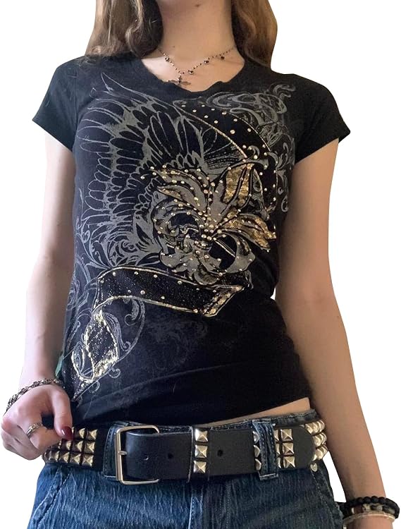Women Y2K Grunge T-Shirt Short Sleeve Retro Vintage Rhinestone Cross Slim Crop Top Gothic Punk Streetwear