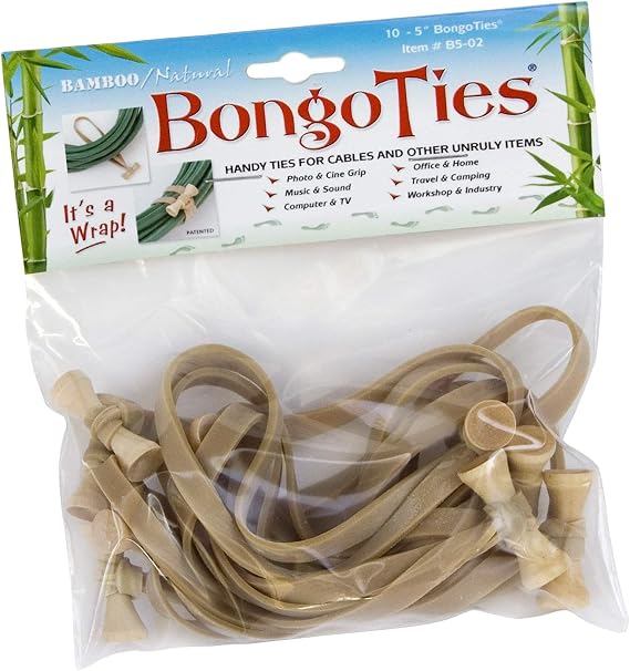 BongoTies Natural Color Bongo Ties B5-02 - 10 Pack ~ Professional cable ties made of natural rubber and bamboo ~ HANDY TIES FOR CABLES AND OTHER UNRULY ITEMS