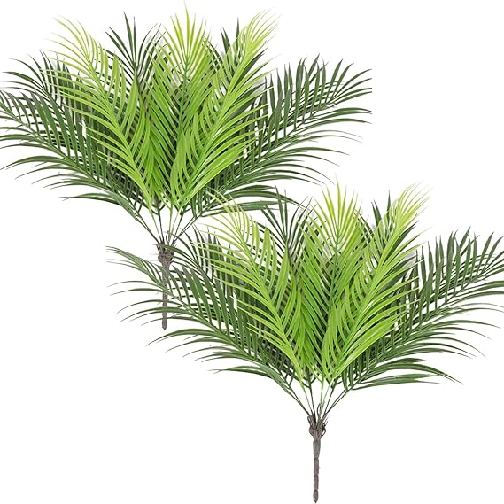 2pcs Artificial Palm Leaves Bush Faux Tropical Plant Leaves Green Fake Palm Plant Plastic Palm Tree 50 cm Large for Flower Arrangement Jungle Party Palm Leaf Decorations