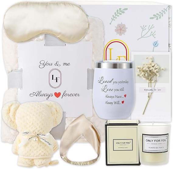 Birthday Gifts for Women, Get Well Soon Gifts, Relaxing Spa Care Package with Luxury Flannel Blanket - Valentines, Mothers Day, White
