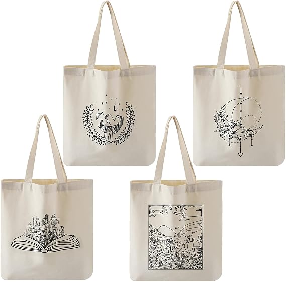 Reginary 4 Pack Canvas Tote Bag, Aesthetic Tote Bag for Women, Artistic