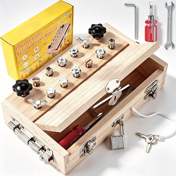 Montessori Screwdriver Board Set, Montessori Toys for 3 4 5 with 1 Locks and Keys, Toddler Screwdriver Toy, Kids Tool Set, Preschool Learning Sensory Toy, Fine Motor Skills Toys