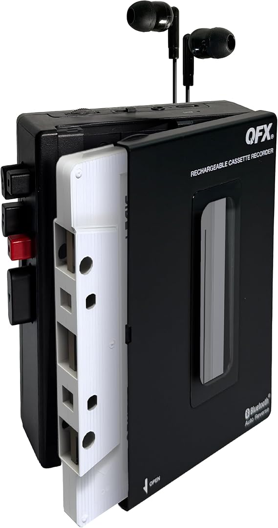 QFX Portable Bluetooth Cassette Tape Player Recorder, RETRO-1980 | Auto Reverse, USB-C Rechargeable, Built-In Speaker and Microphone, Stereo Earbuds Included