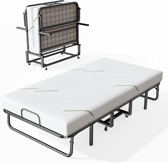 Folding Bed with Mattress for Adults, 75 x 38 Twin Size Portable Rollaway Bed with 5 Inch Memory Foam Mattress, Heavy Duty Metal Bed Frame, Space-Saving for Home, Office, Camping