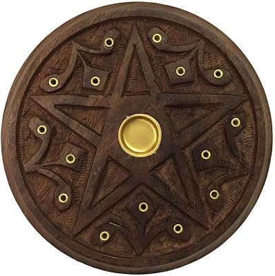 Wooden Pentacle Altar Tile or Incense Burner 5 Carved Wood Wicca Pagan