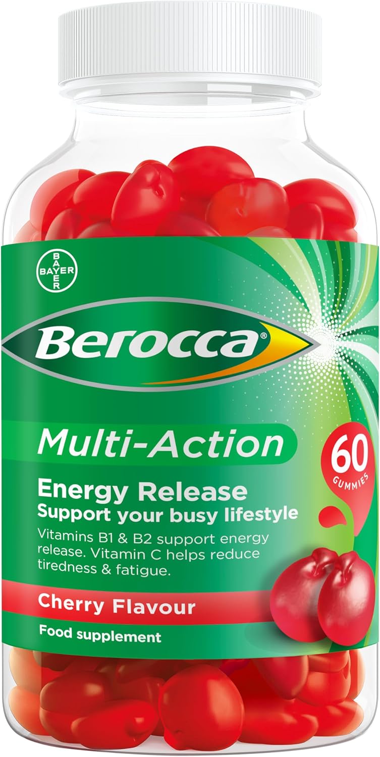 Berocca Multi-Action Multivitamin Gummies - Including Vitamin D, C, A, B-Complex B1, B2, B3, B6, B7 & B12, E - Supplement for Women, Men and Kids - 60 Gummies - Cherry Flavour