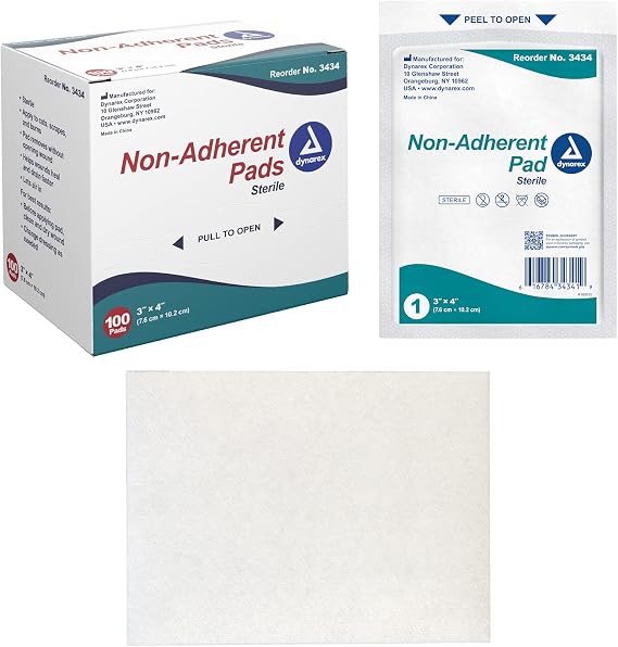 Dynarex Non-Adherent Pads-Sterile, Individually Packaged, Non-Stick Wound and Burn Care, Soft & Highly Absorbent, 3 x 4, 1 Box of 100 Non-Adherent Pads-Sterile