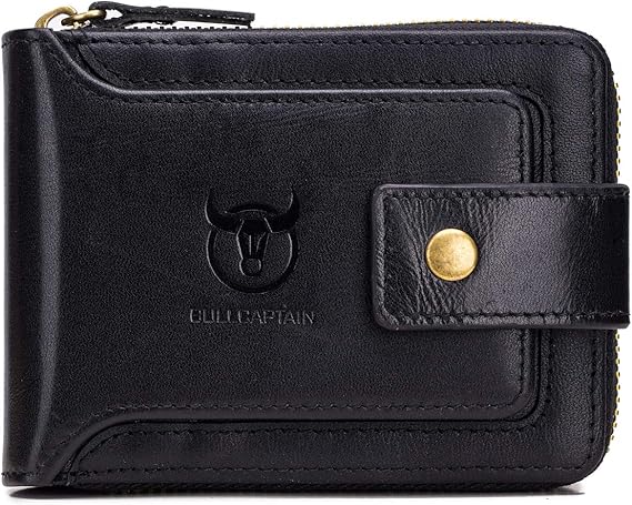 BULLCAPTAIN Genuine Leather Wallet for Men, Large Capacity Bifold Wallets with Zipper Coin Pocket, RFID Blocking & ID Window QB-231 (Black)