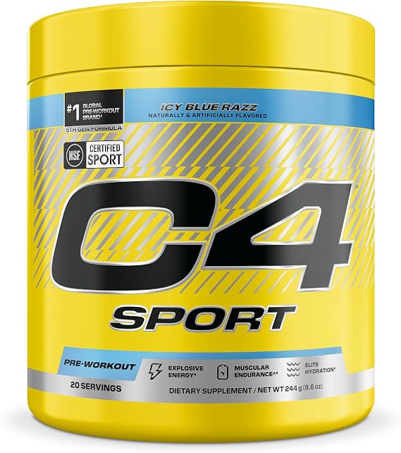 C4 Sport Pre Workout Powder - NSF Certified for Sport - Elite Hydration - 200mg Caffeine + Creatine + Beta-Alanine - Electrolytes and Energy Supplement - ICY Blue Razz, 20 Servings