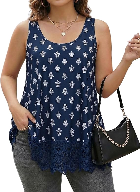 Womens Plus Size Tank Tops Flowy Lace Trim Shirt | Tunic length works as a shirt extender. Comfortable A-line cut to hide tummy. Ideal for daily wear or layering.