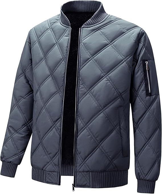 Men's Sherpa Lined Flight Bomber Jacket Diamond Quilted Zip Up Down Coat Winter Warm Varsity Jackets Pockets (Grey,X-Large)