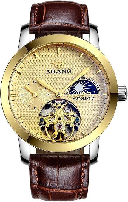 WhatsWatch Waterproof Men's Automatic Watches Brown Leather Strap with Skeleton Yellow Gold Face Moon Phase -311
