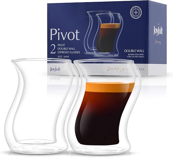 JoyJolt Pivot Espresso Shot Glass Set of 2 oz Espresso Cups with Unique Design Double Walled Thermo Espresso Glasses for Home or Professional Bar Use Set of 2 Thermal Glassware for Morning Coffee