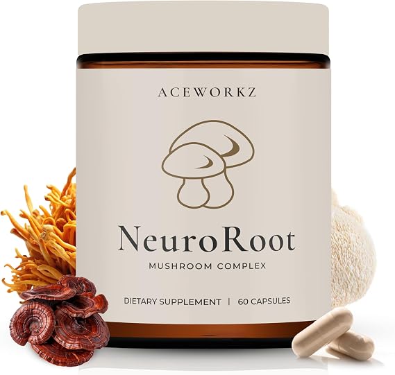 NeuroRoot Organic 10 Mushroom Complex Supplement Lions Mane, Reishi, Cordyceps & More 10:1 Fruiting Body Extract Focus, Energy & Immune Support - BioPerine Enhanced Absorption (60 Capsules)