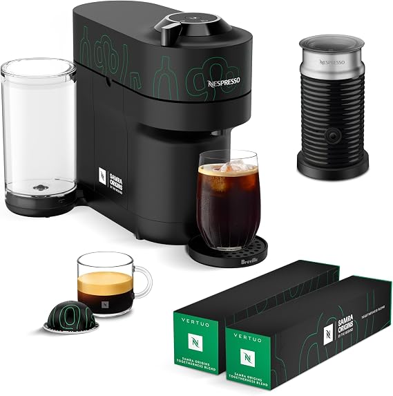 Nespresso Vertuo Pop+ Coffee and Espresso Maker by Breville, Samra Origins by The Weeknd, Aeroccino3 Milk Frother and Togetherness Blend, Double Espresso, Light Roast, 20-Count Coffee Pods