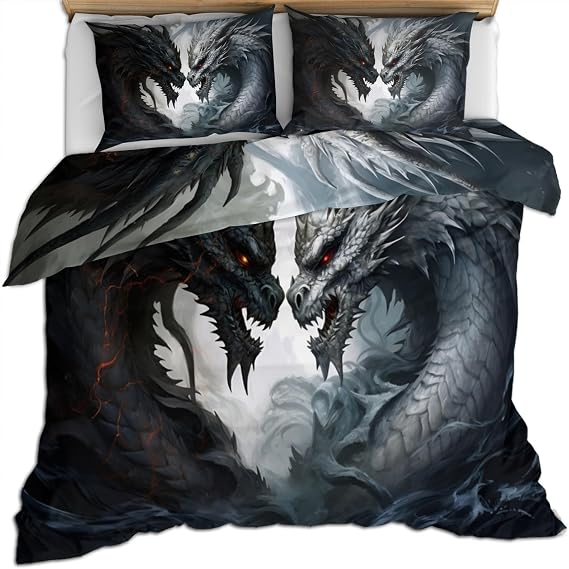 Fantasy Dragon Comforter Set King, Black Duvet Cover Set, White Bedding, Zipper Closure, 2 Pillow Cases, Reversible Print Quilts & Home Decor, 90"x104"