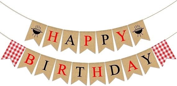 Pudodo Jute Burlap Happy Birthday Banner with Grill BBQ Theme Barbecue Party Decoration
