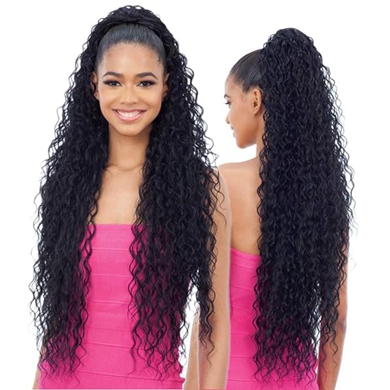 Long Curly Drawstring Ponytail 30Synthetic Clip In Ponytail Extensions Black Color for Women Afro Curly Corn Wave Wavey Clip on Ponytail(1B)