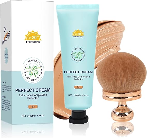 Body Coverage Perfector with SPF 30+, All-Over Complexion Perfector CC Cream, Full Coverage Foundation & Concealer Cream, Waterproof, Long-Lasting for Shimmery Face & Body (Tan+brush)