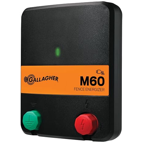 Gallagher M60 Electric Fence Charger | 110V Plug-in Energizer for Up to 20 Acres or 5 Miles | Low-Impedance Fencer for Livestock, Poultry, and Gardens | Compact & Reliable Power Source