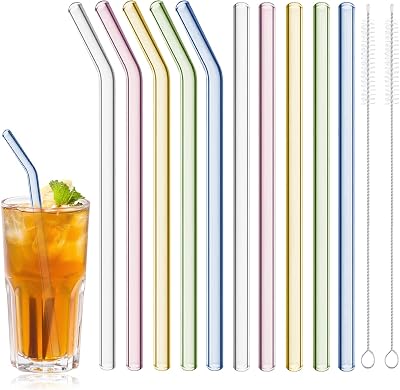 10 Pcs Reusable Glass Drinking Straws, 8 Colorful Glass Straws Shatter Resistant with 2 Cleaning Brush, Set of 5 Straight and 5 Bent Reusable Straw for Beverages, Milk, Juices, Dishwasher Safe