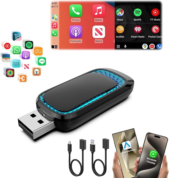 Android Auto Wireless Adapter & Wireless CarPlay Adapter-Mini USB CarPlay Wireless Stick Converts Factory Wired to Wireless CarPlay Dongle Magic Link CarPlay for iOS 10+/Android 11+ Plug and Play