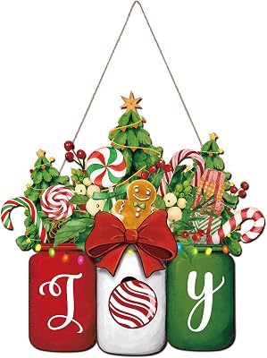 Christmas Mason Jar Welcome Sign for Front Door - Wooden Hanging Gingerbread Xmas Decoration - Noel Joy Door Hanger With Floral Wreath for Home Decor