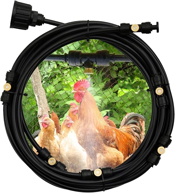 Chicken Coop Misting Cooling System,Misting Hose for Patio with 26FT Misting Line + 8Mist Nozzles +3/4" Adapter& T-Joints Perfect for Cooling Chicken Coops During Summer