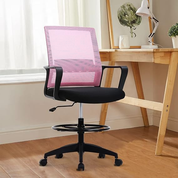 Drafting Chair Tall Office Desk Chair, Mid Back Adjustable Bar Height Reception Office Chair with Lumbar Support & Foot-Ring, Ergonomic Mesh Computer Drafting Stool for Working Standing Desk