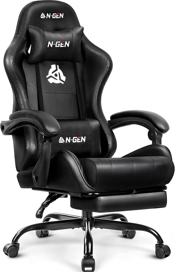 N-GEN GAMING Gaming Chair with Footrest, Lumbar, High-Back, All Black | Reclining Backrest, Linkage Armrests, Durable PU Leather, Adjustable Comfort for Extended Computer, Desk, or Home Office Use