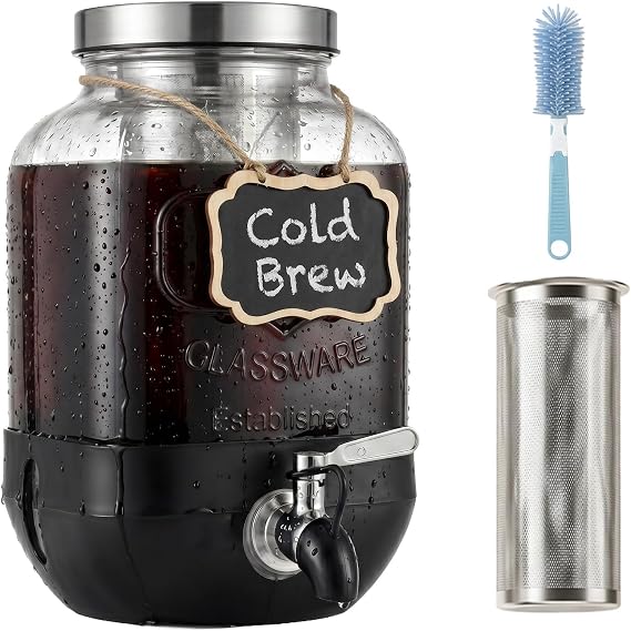 Cold Brew Coffee Maker With, Cold Brew Pitcher,1 Gallon Glass Pitcher With Stainless Steel Filter,304 Stainless Steel Leak-Proof Spigot,100% Leakproof,Large Iced Coffee Maker for Home, Easy to Use