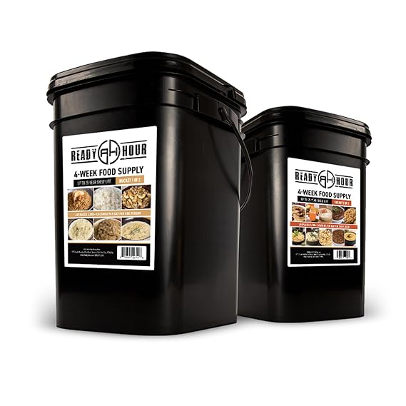 Ready Hour 4-Week Emergency Food Supply (250 Servings), Emergency Food Storage and Meal Entrees, Real Non-Perishable, 25-Year Shelf Life Food, Portable Flood-Safe Container