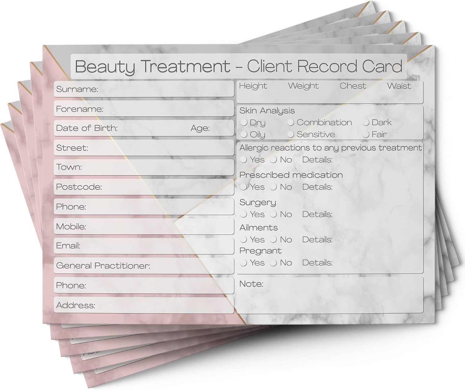 Beauty Client Cards - Salon and Therapist Customer Consultation Record - Treatment Services Essentials - Profile and Recording Forms - Gift, Loyalty Vouchers Beauty Stationery Pack of 25