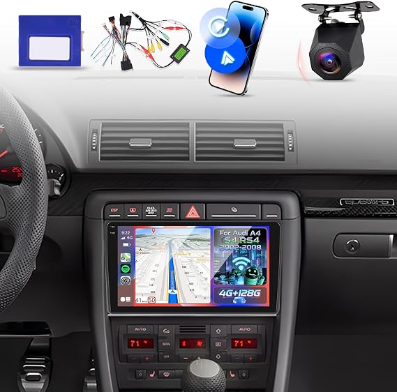 NHOPEEW [4+128G] Upgrade Radio for Audi A4 S4 RS4 2002-2008: 9 inch Android Incell Touchscreen Stereo - Wireless Carplay and Android Auto, 5G/WiFi, GPS, BT 5.0 + Backup Camera + Upgrade Canbus