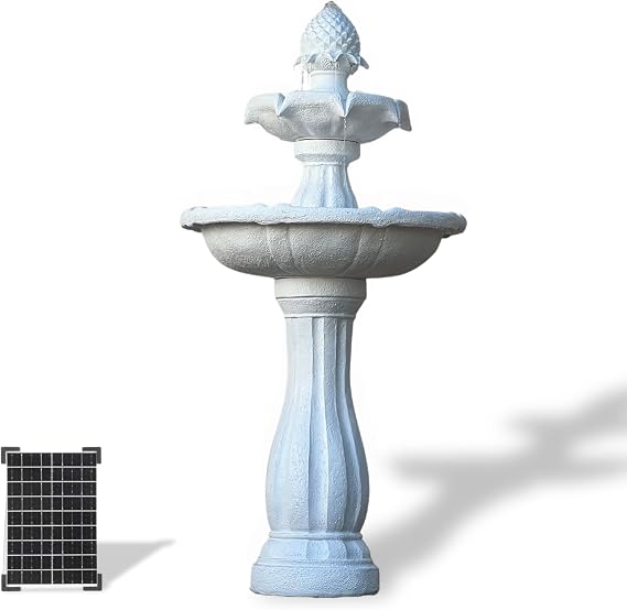 XBrand 44" 2-Tier Solar Outdoor Water Fountain Fiberglass/Resin with Solar Panel and Auto Shut-Off Pump, White