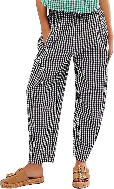 Ogfao Women's Plaid Pant Gingham Lounge Pants Wide Leg Mid Rise Elastic Waist Checkered Long Trousers with Pockets