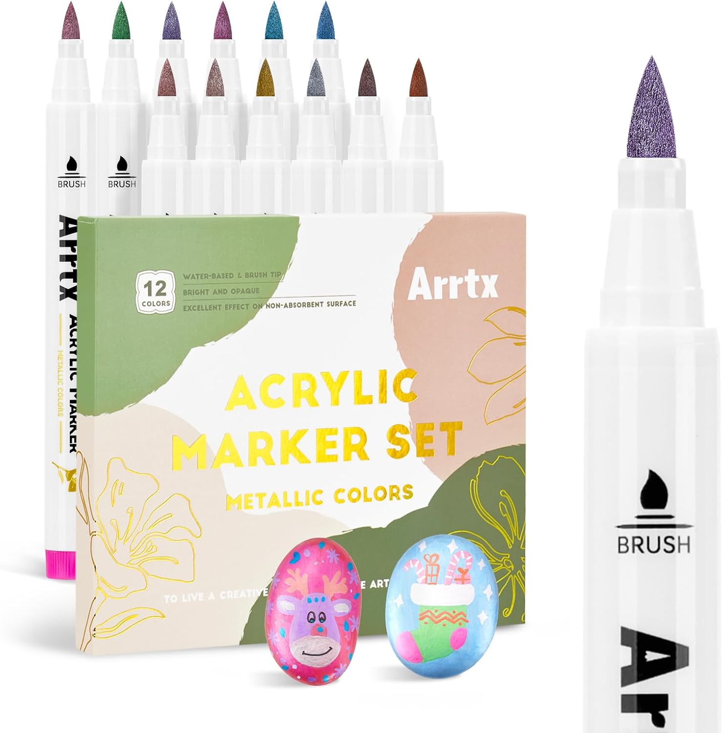 Arrtx 12 Colors Metallic Acrylic Paint Pens for Rock Painting, Extra Fine Tip Metallic Brush Marker for Rock Painting, Ceramic, Glass, Canvas, Mug, Wood, Easter Egg, Waterproof Paint DIY Crafts Making