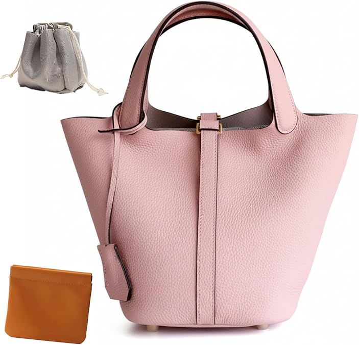 Genuine Leather Lock Design Bucket Bag Vegetable Basket, Fashionable and Versatile Satchel Handbag