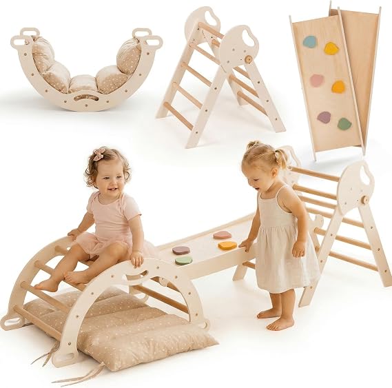 Goodevas 5-in-1 Climbing Set for Ages 1+ Pikler Triangle, Climbing Arch, Balance Cushion, Montessori Climbing Gym for Children 1-3 Years, Foldable Wooden Indoor Activity Center, Indoor Playset