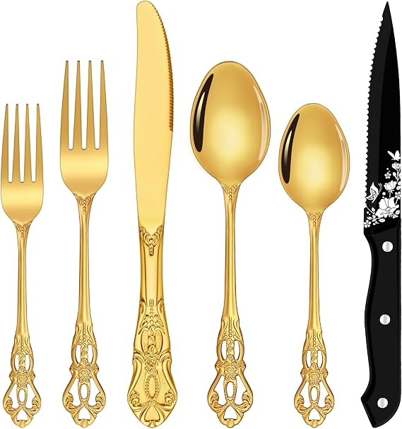 Gold Silverware Set, Ollex 48-Piece Retro Royal Flatware Set for 8 with Anti-rust Silverware Steel Black Steak Knives and Gold Spoons Forks Utensil Set, Mirror Polished&Dishwasher safe