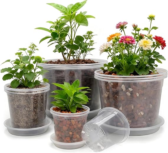 10/8/6/4 Inch Clear Nursery Pots with Drainage Holes and Saucers, 12 Pack Large Clear Pots for Plants Variety Pack, Plastic Nursery Pots for Succulents, Seedings, Herbs, Flowers, Vegetables